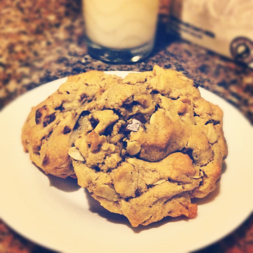 Chocolate chip cookie on a plate.