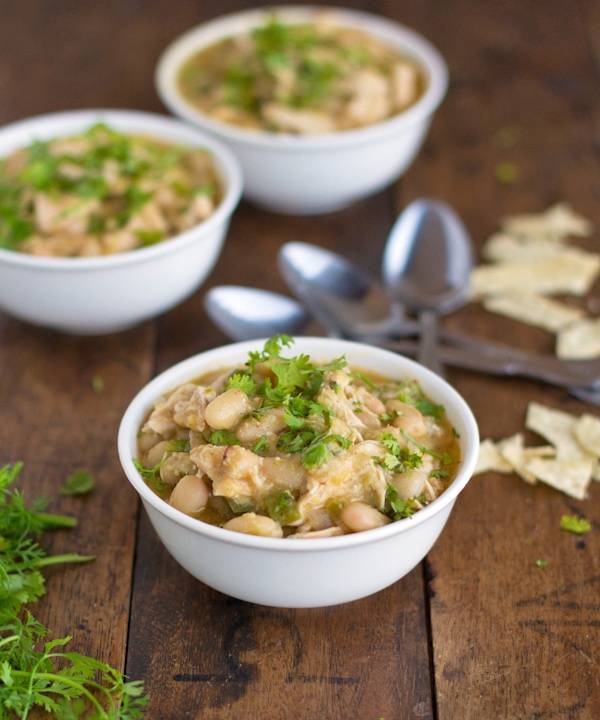 White chicken chili in three bowls.