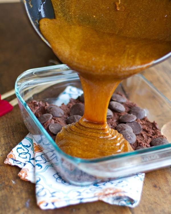 Chocolate caramel cake with caramel drizzle.