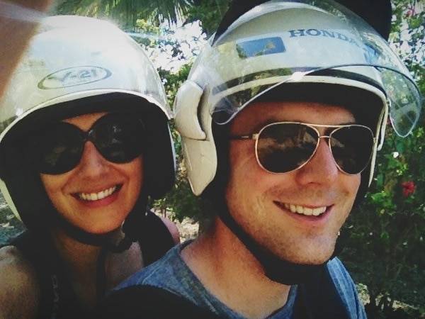 Two people wearing helmets.
