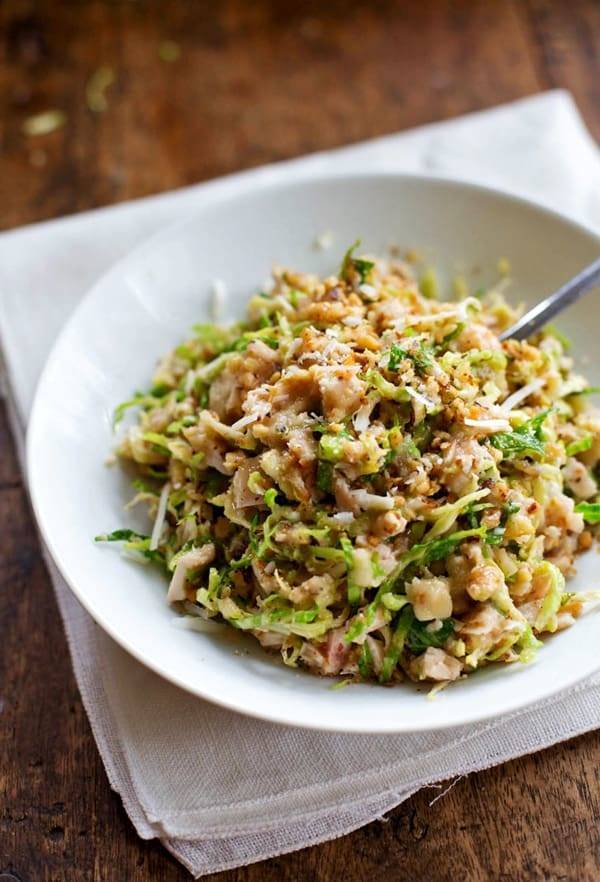 Brussels Sprout Salad in a white bowl.