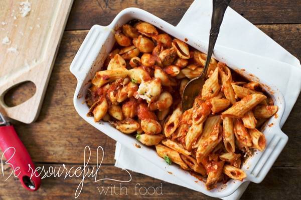 Food in a white dish.