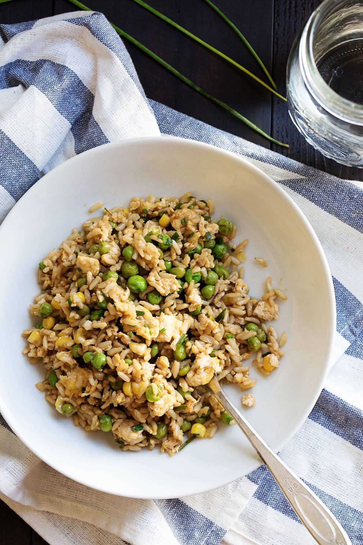 Veggie Fried Rice on a white plate.