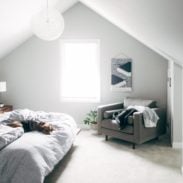 Bedroom upstairs with Sage on the bed.