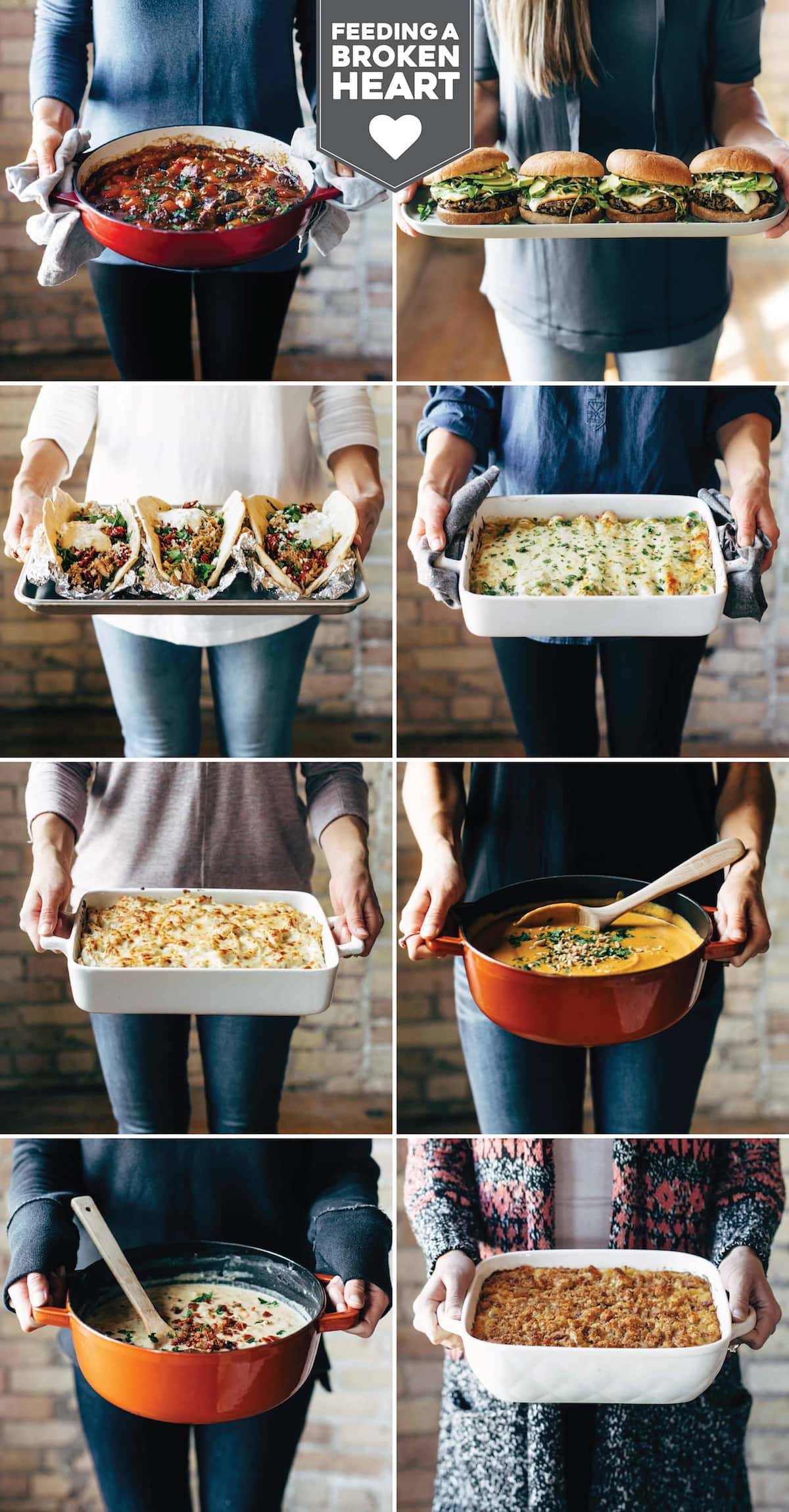 8 photos of a woman holding various food dishes