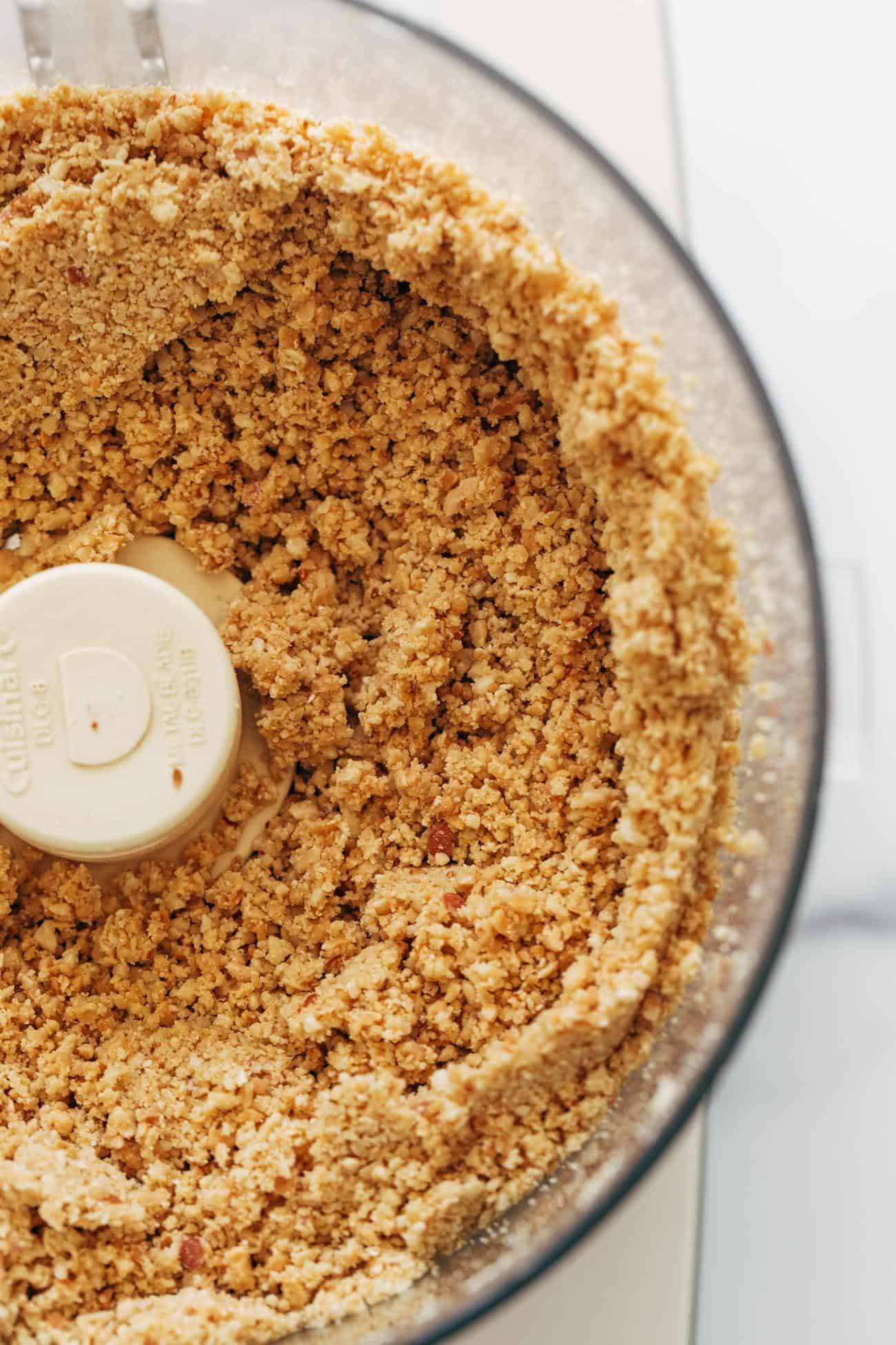 Peanut butter being processed in food processor