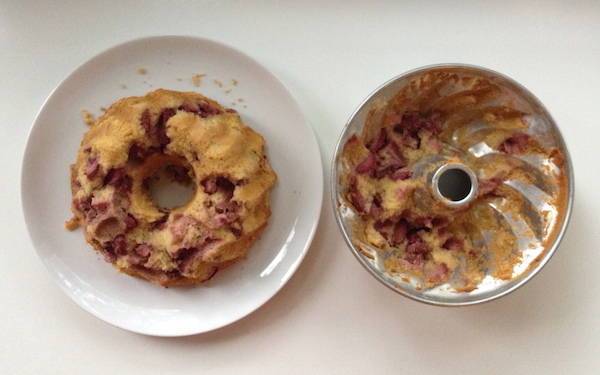 Messy food on a plate and in a bundt pan.