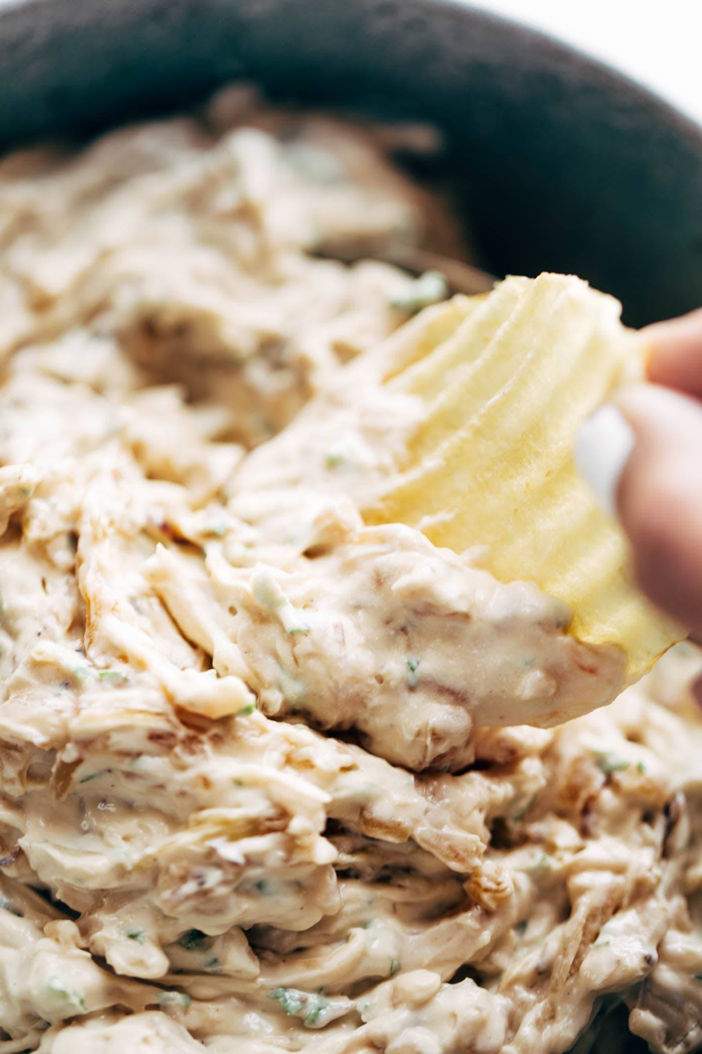 Caramelized Onion Dip on a chip.