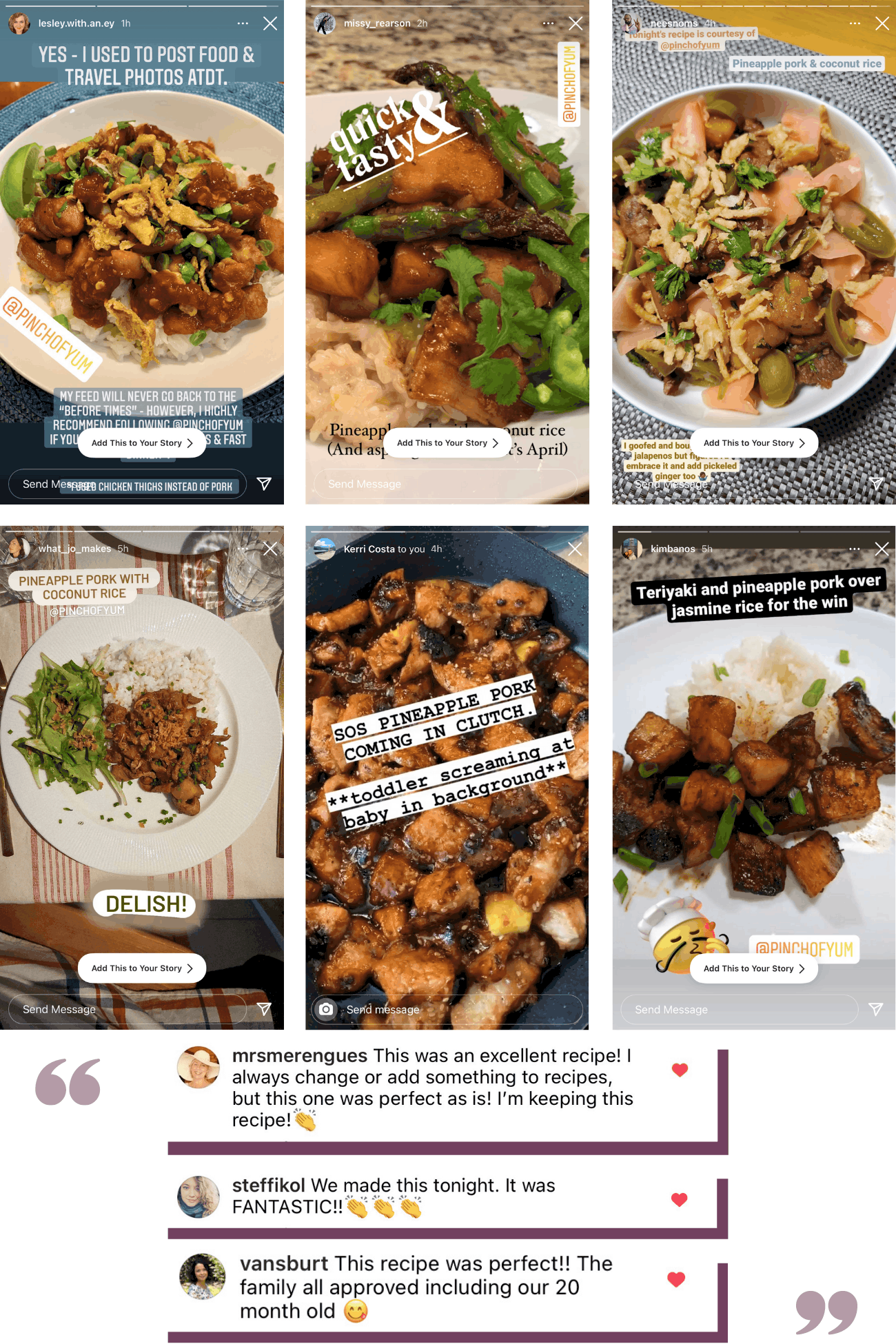 Collage of reader images of Pineapple Pork with Coconut Rice recipe followed by reader comments.