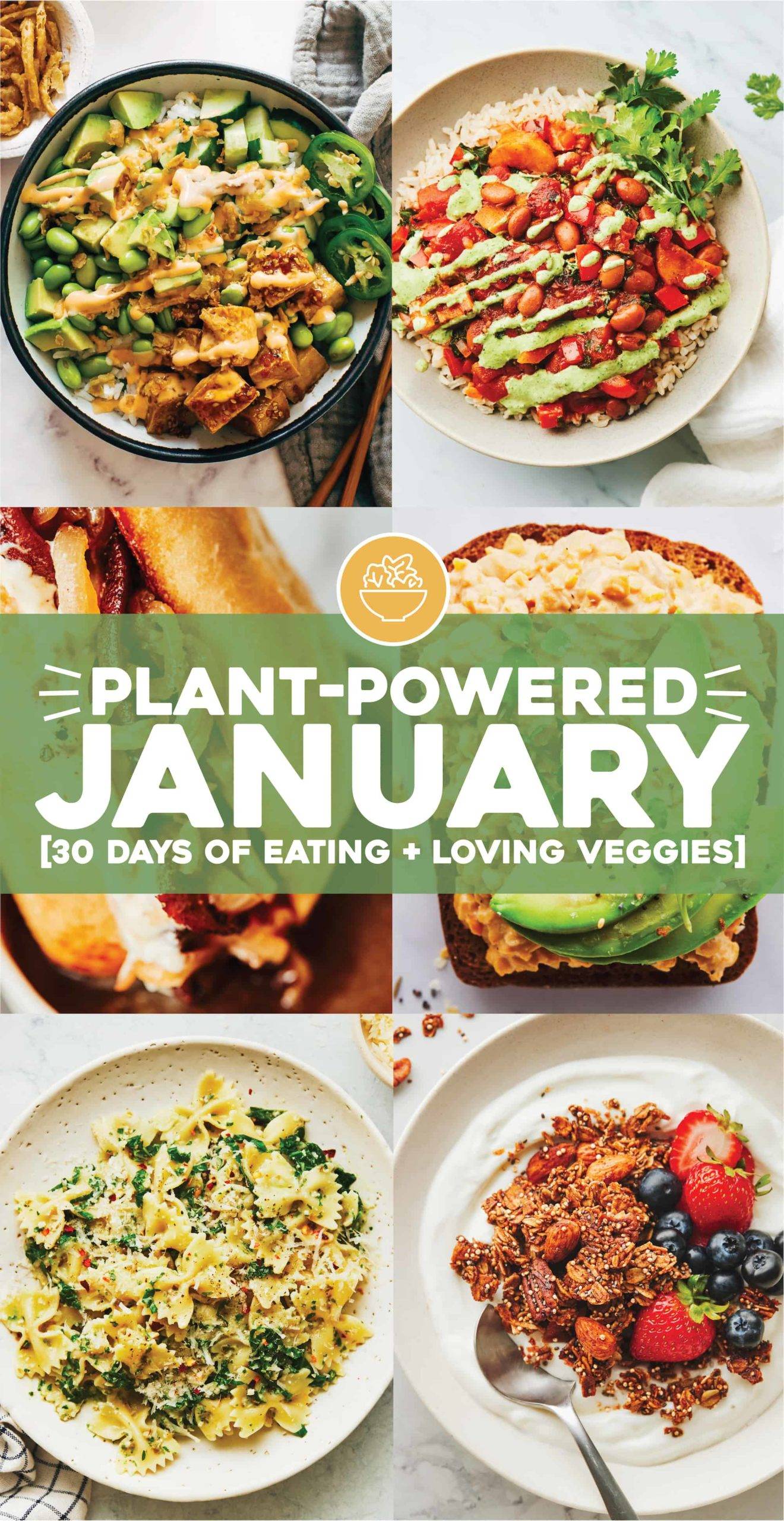 6 Pictures of plant based meals.