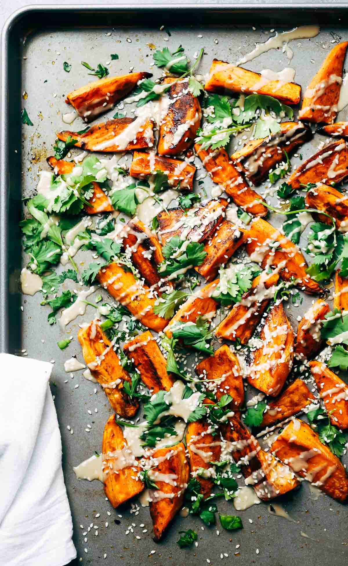Roasted Sweet Potatoes on a sheet pan.