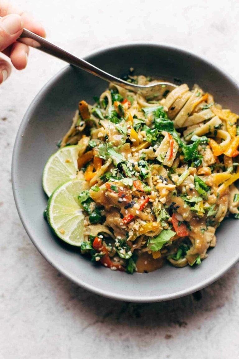 Thai Noodle Salad in bowl with fork.