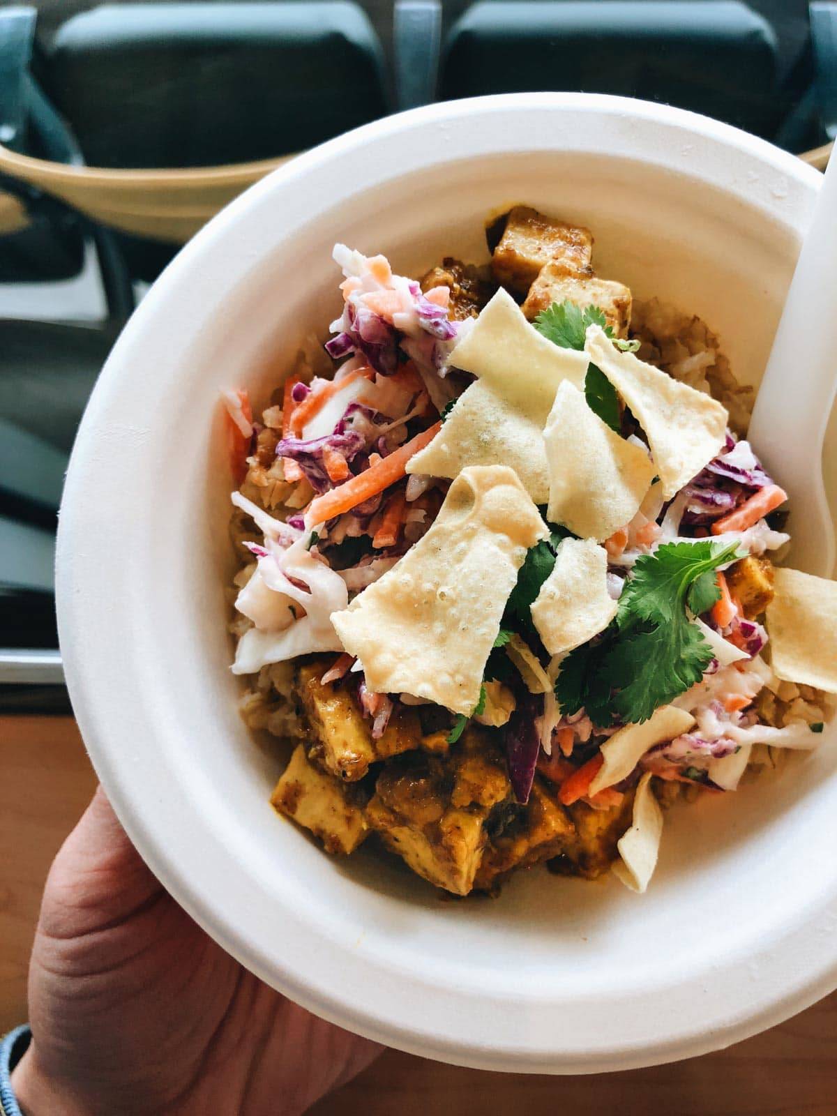 A person holding a bowl with a small, colorful salad.
