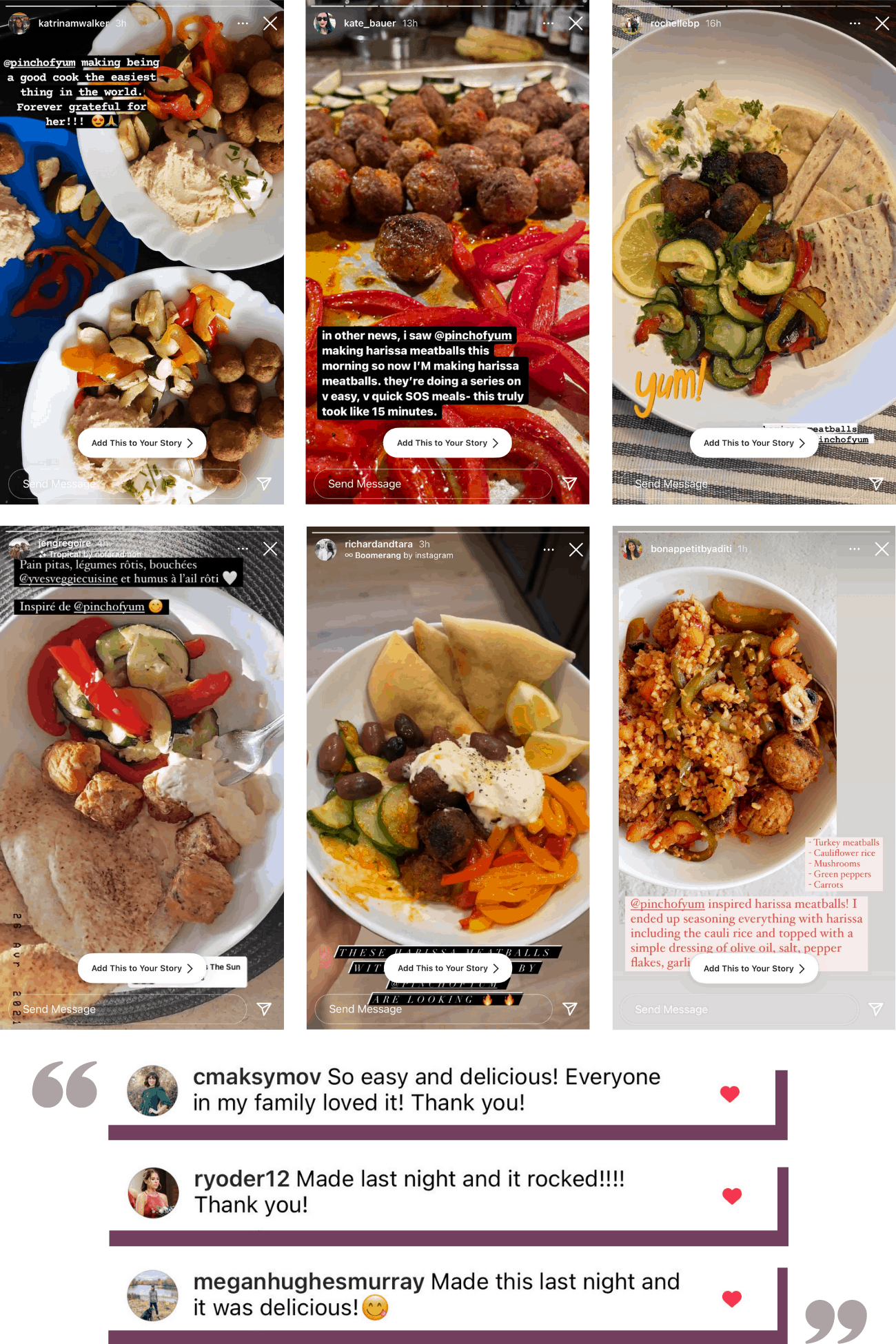 Collage of reader recipes of Harissa Meatballs with Whipped Feta recipe followed by reader recipe comments. 