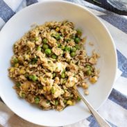 Fried rice in bowl with fork.