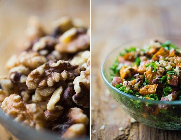 This Roasted Sweet Potato Salad has a handful of shredded kale, candied walnuts, and the best creamy almond dressing. Yum! | pinchofyum.com This Roasted Sweet Potato Salad has a handful of shredded kale, candied walnuts, and the best creamy almond dressing. Yum! | pinchofyum.com
